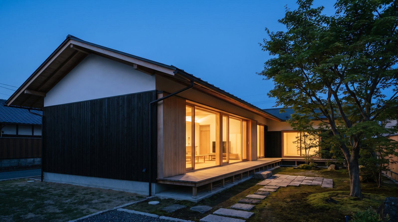 夕暮れの平屋の外観イメージ